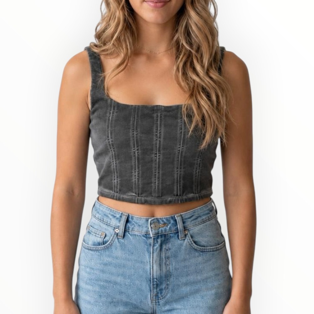 Zara Corset Crop Top Womens Size M Black Washed Denim Knit Zipper Back
